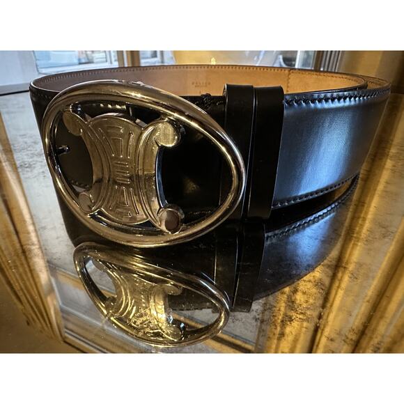 Celine Triomphe Leather Belt BLACK Italy RARE - L (approx. 85-90) - Picture 2 of 5